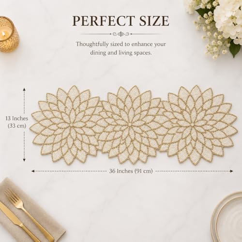 Image of Beautiful Pearl Cream Gold Beaded Table Runner Craftsmanship, Pack of 1 (13 x 36 Inches) - Multi-Flower Colorful Festival Table Runner for Thanksgiving & Occasional Decoration