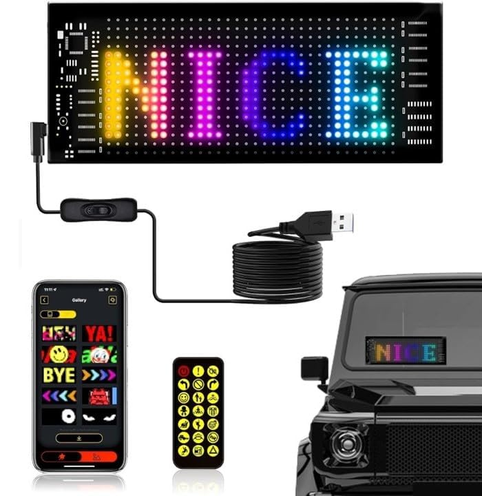 Image of AutoBizarre Flexible Waterproof DIY Customizable LED Matrix Panel Display Screen Sign Board with Mobile Application and Remote Control for Cars, Home, Office, Shops etc (Multicolor, Small- 17x7 Cm)