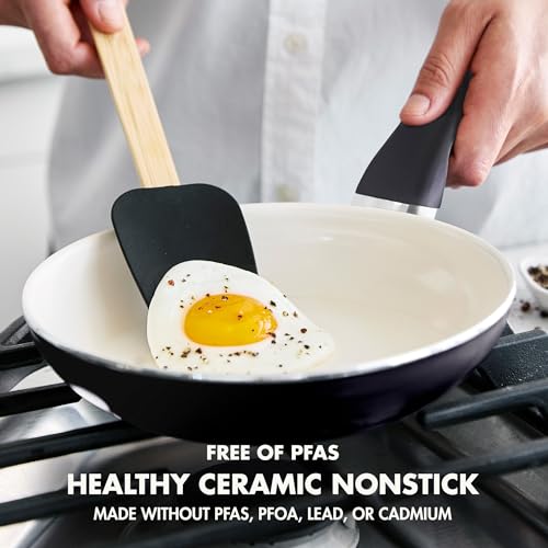 Healthy Ceramic Nonstick 8 Frying Pan Skillet and Silicone Spatula Set, Soft Grip Handle, Breakfast Meal Set, PFAS-Free, Dishwasher Safe, Oven Safe, Black