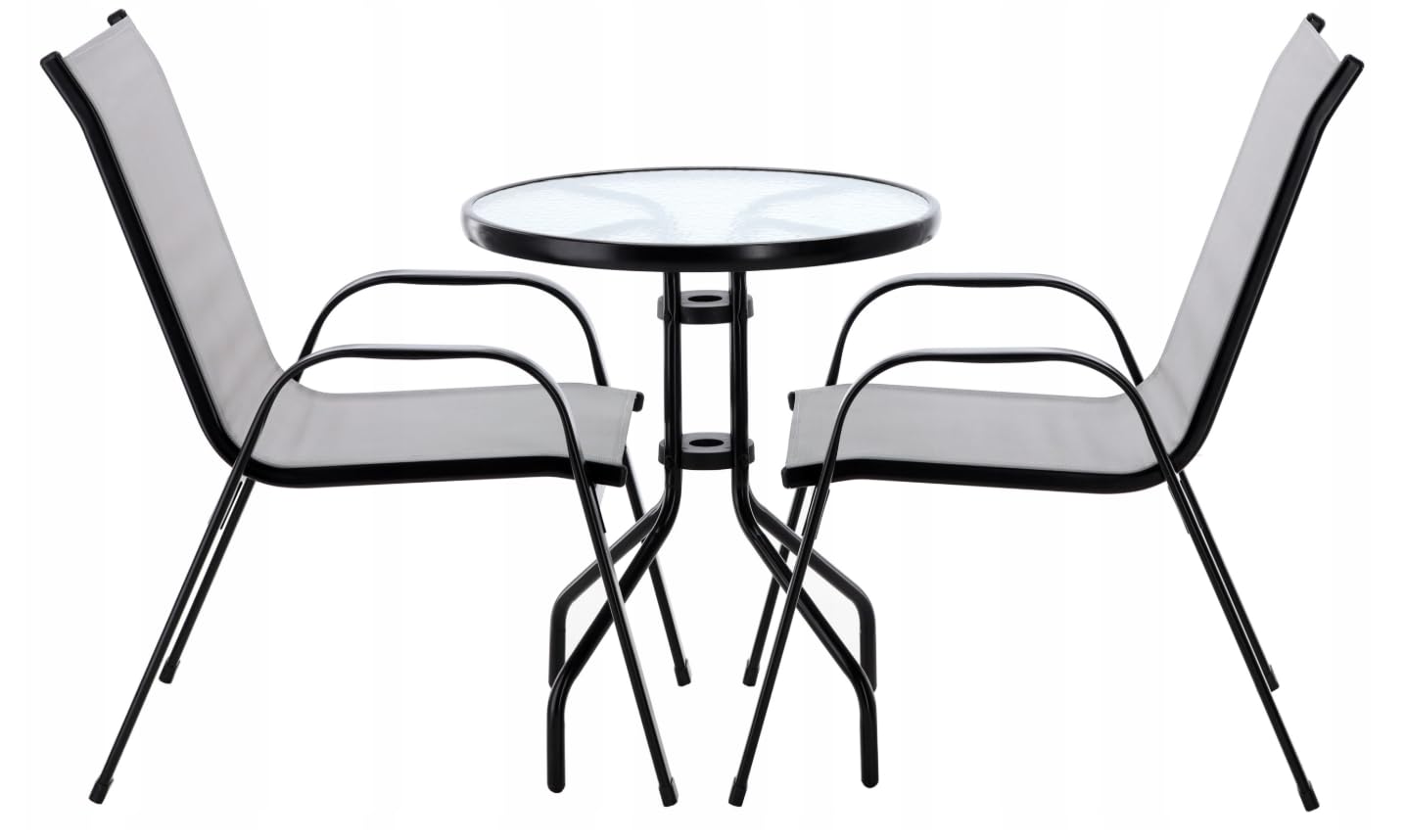 BDW Set di 3 mobili da balcone con tavolo rotondo in vetro temperato e 2 sedie impilabili, textilene e metallo, per terrazza, balcone, giardino (grigio)
