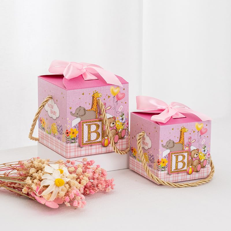 Süße Cartoon-Tier-Süßigkeitsbox für Kindergeburtstag, Geschenktüte mit Handseil, Junge, Mädchen, neue Babyparty, Geschenkboxen, Partydekorationen, Pink B, 100 Stück, klein 8 x 8 x 8 cm