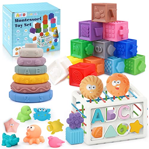 Image of ADFO 5 in 1 Baby Toys 6to12-18 Months, 43PCS Montessori Toys for 1 2 3 Year Old, Include Soft Stacking Blocks & Color Shape Sensory Toys & Teething Bath Toys for Infants