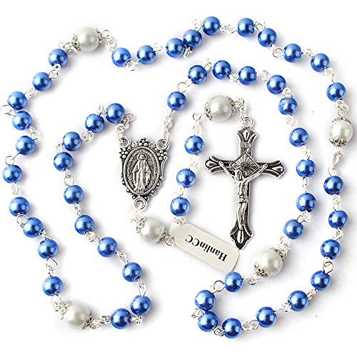 hanlincc 6mm glass pearl beads with 8mm our father beads with caps rosary pack in miraculous metal gift box