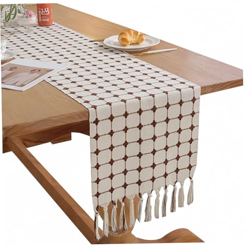 Runner de mesa de lino 13x108in Corredor a cuadros de café para mesa con borlas decorativas minimalistas lavables para comedor, té, banco de televisión a cuadros