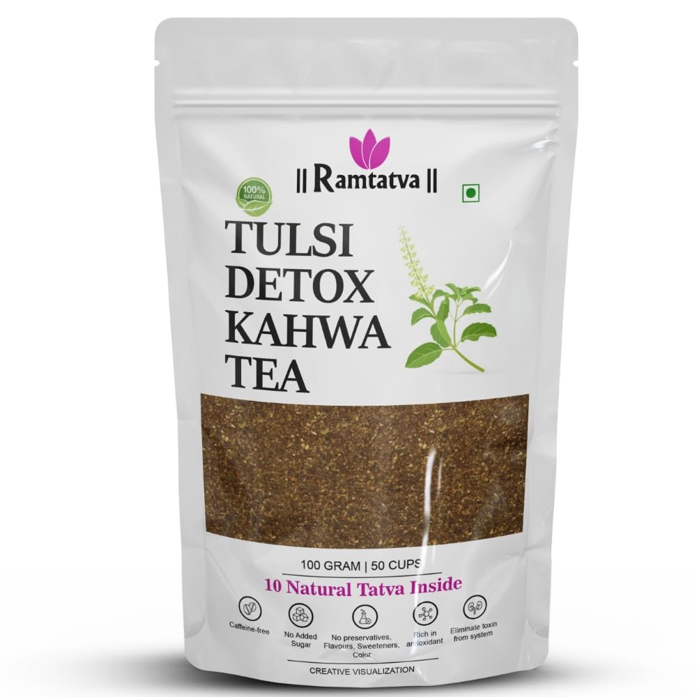 RAMTATVA Tulsi Detox Kahwa Tea (Pack Of 1) With Anti Diabetic, Ginger,Lemon,Natural Herbs & Spices,Detoxifies,Helpful In Cough & Cold. Caffeine & Sugar Free (50),100 Grams (B0D29NKF4B) Amazon Price History, Amazon Price Tracker