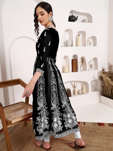 Image of EthnicJunction Women's Georgette Regular Fit Anarkali Embroidered Chikankari Work Angrakha Kurta