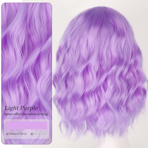 Image of AISI HAIR Light Purple Synthetic Wavy Curly Bob Wig with Bangs Short Wavy Hair for Women Synthetic Heat Resistant Bob Wigs