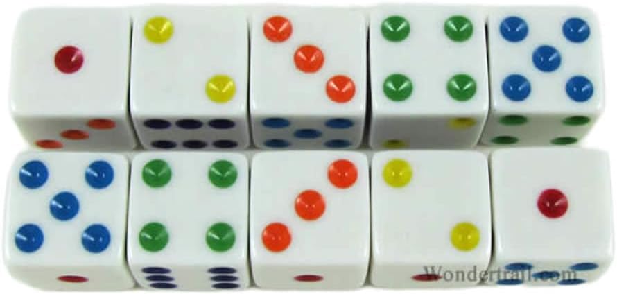 White Opaque Dice with Multi Color Pips D6 16mm (5/8) Set of 10 Dice Koplow Games