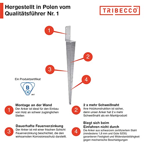 Foto von TRIBECCO Einschlag-Bodenhülse L-Form für Vierkant-Holzpfosten Abmessungen 50 x 600 mm L-Pfostenträger zum Einschlagen in den Boden universeller L-Stützenschuh aus Stahl feuerverzinkt