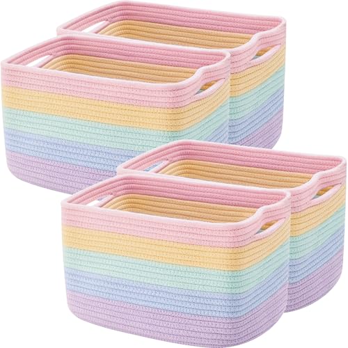 ENAORGAN Set of 4 Rainbow Rope Basket for Shelves Woven Rectangle Storage Basket Bins for Nursery Toy Storage for Baby Girl