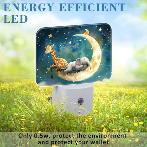 Image of Cute Giraffe and Elephant Sleeping On Moon Night Light for Kids, LED Night Light Plug into Wall with Dusk to Dawn Sensor for Girls Boys Women Men Room, Hallway, Kitchen, Bathroom, Stairs Decor