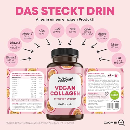 Vegan Collagen (180 Kapseln) mit Aminosäuren, Vitamin A C E, Biotin, Silicium, Zink und Mangan I Pflanzliche Alternative zu Collagen Pulver I Kollagen vegan (1x 180 Kapseln) – Bild 3