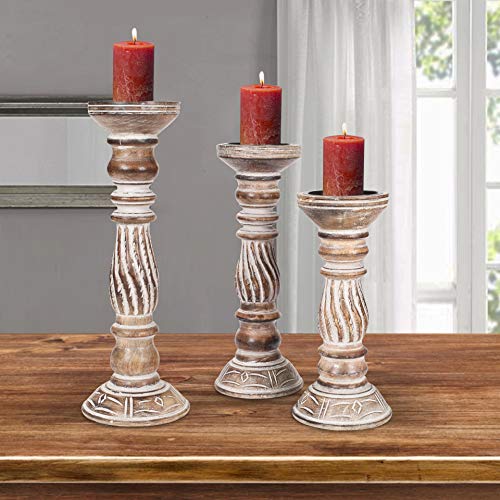 Wooden Candle Holders Set Of 3, (Colour - Natural Finish, Size -14",12",10") Wood Candal Holder, Wooden Candle Holder, Unity Candle Holders, Rounded Turned Colums, Country Style Idle Gift For Wedding #TOP2