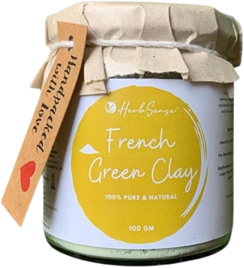 Herbsense French Green Clay Powder Mask - For Glowing & Healthy Skin, Deep Cleansing,Nourishing & Detoxifying Clay Mask, Glass Jar Packaging 100 GM