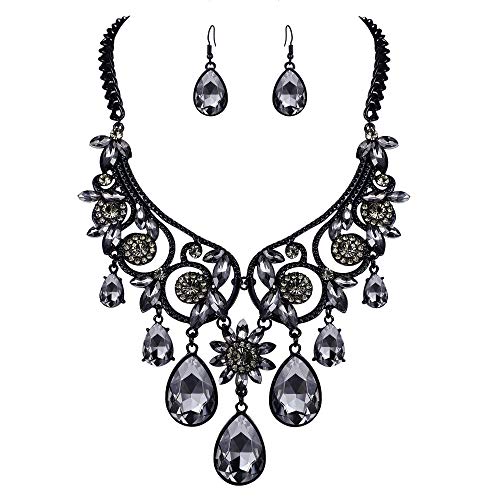 Clearine Parure Délicat Femme Attraction de Goutte d'eau Cristal Strass Collier Plastron Boucles d'oreilles Pendant Ton Noir Gris