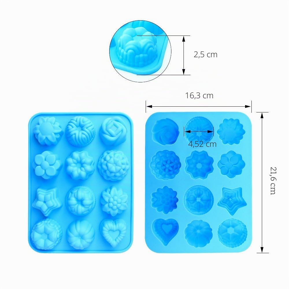 homEdge in Lebensmittelqualität, Backform mit Blumen- und Herzform, antihaftbeschichtet, 3er-Pack Silikonformen für Pralinen, Süßigkeiten, Gelee, Eiswürfel, Muffin (rosa, blau und grün)