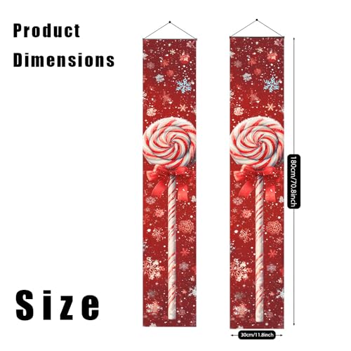 Image of Sweet Candy Cane Porch Banner 11.81x70.87 Inch, Red Snowflake Lollipop Door Sign for Mother's Day, Festive Birthday Party Welcome Flag, Weatherproof Fabric Hanging Decor
