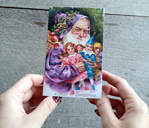 Image of PIXILUV CHRISTMAS SANTA (Pack of 12) Notecards Small Greeting Cards # Vintage Santa Claus with Toys and Christmas Wishes ~ Vintage Christmas Postcards Reprint