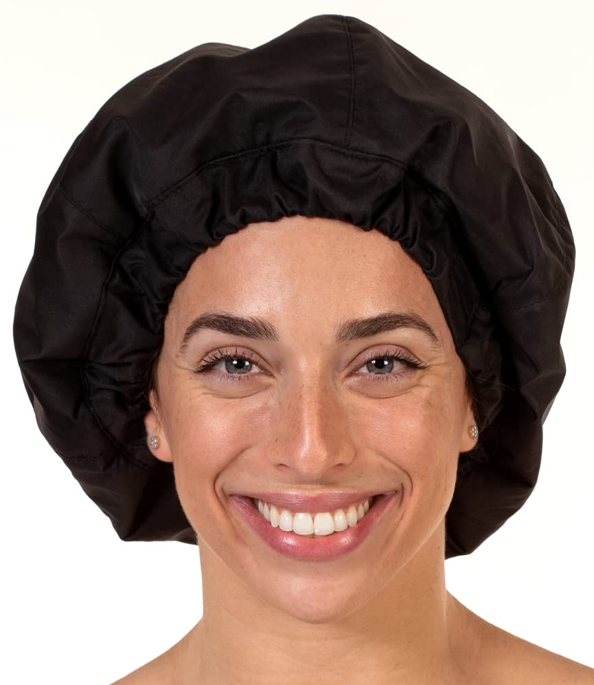 Premium Shower Cap for Women with Long Hair. Reusable, 100% Waterproof, Double-Sided, Great For Curls with Anti-Frizz Fabric terry-lined. Black shower caps for women (Black) Thumbnail