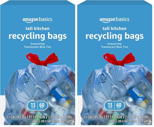 Amazon Basics Blue Recycling Trash Bags, Unscented, 13 Gallon, 60