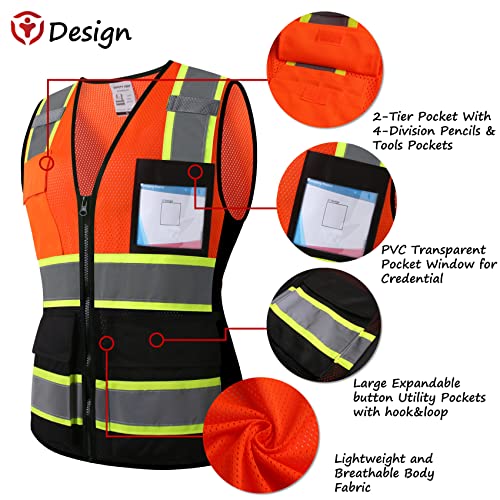 Image of Safety Vest for Men Women Reflective Construction Vest Hi Vis ANSI Standard | ANSI Standard, 8 utility Pockets 4 Reflective Strips with Neon trim High Visibilty Breathable Mesh Safety Apparel for Work