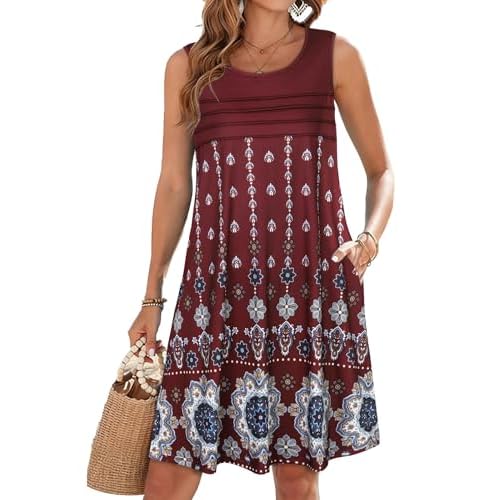 CHICGAL Womens Summer Dresses Casual Loose Pleated Front Tshirt Sleeveless Tank Sundresses with Pockets Small Red Boho