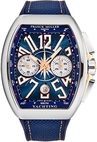 Vanguard Yachting Mens Rose Gold Automatic Chronograph Watch - Tonneau Analog Blue Face with Luminous Hands and Sapphire Crystal - Blue Rubber Band Swiss Made Automatic Watch for Men