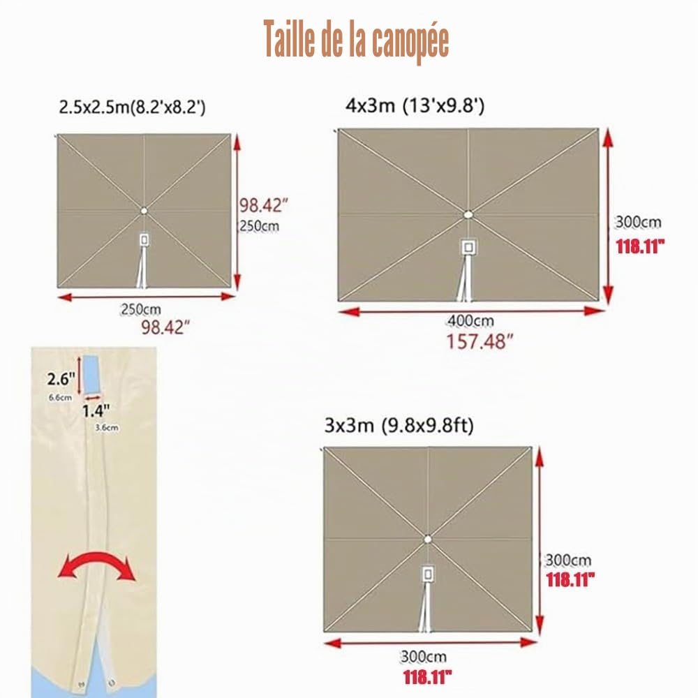 3x3/3x4/2.5x2.5m Housse De Rechange pour Parasol Déporté Toile De Rechange pour Parasol Carré 8 Baleines Anti-UV Dessus De Parapluie De Remplacement(Khaki,3x3.0m/9.8x9.8ft)