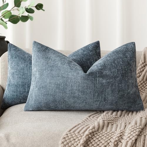 Image of Foindtower Pack of 2 Textured Chenille Throw Decorative Pillow Covers Square Accent Solid Cushion Cover Neutral Farmhouse Lumbar Pillow Case for Couch Sofa Bedroom Living Room 12x20 Inch,Blue