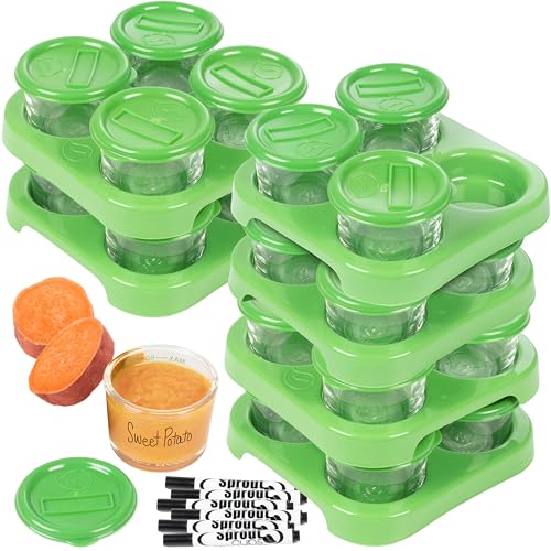 Glass Baby Food Containers (24 Pack) - 2oz Jar Container Includes Lids, Storage Tray, Dry-Erase Marker to Write On Lids - Microwave, Freezer, Dishwasher Safe - BPA & Phthalate Free Baby Food Storage