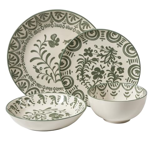 Image of 2-Time Oprah's Favorite Things - Valencia Flor 16 Piece Dinnerware Set, Artisanal Decorated Stoneware Plates & Bowls, Service for 4, Microwave & Dishwasher Safe, Fern Green