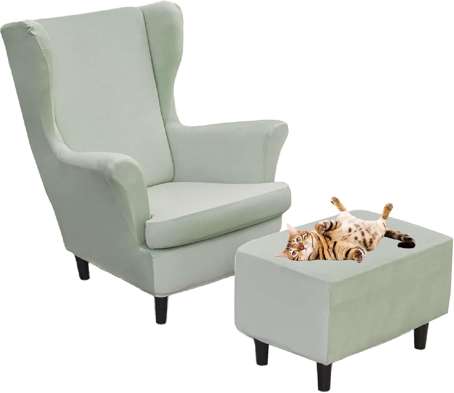 Wingback Chair and Ottoman Cover Set Velvet Wing Back Chair Cover 2 Piece with Foot Stool Slipcover for Living Room Bedroom Hotel (Light Green)