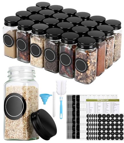 Cexovo 24x120ml Botes Especias Cristal, Cuadrado Tarros Especias Cuadrado Botes para Especias con Tamiz,Etiquetas,Embudo,Cepillo de Limpieza, Spice Jars para Parrilla,Cocina,Almacenamiento de Especias