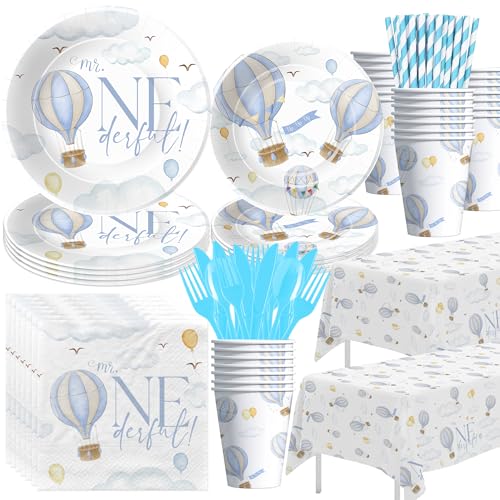 Suhelkit Hot Air Balloon 1st Birthday Party Supplies Boy Mr Onederful Party Decorations Blue Hot Air Balloon First Birthday Paper Plates and Napkins Set Cup Cutlery Tablecloth for 24 Guests