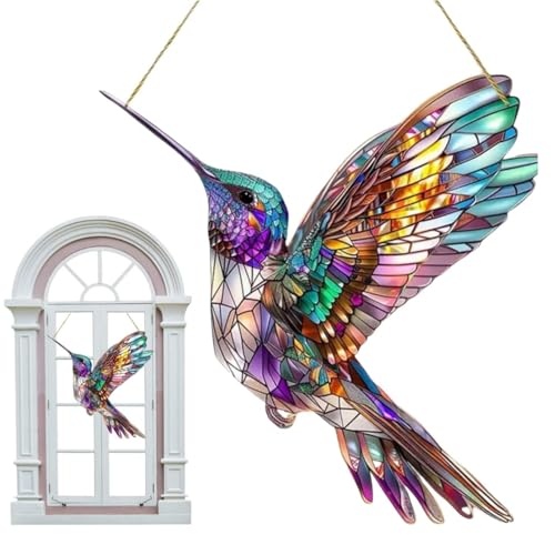 Image of Hummingbird Suncatchers For Windows,Hummingbird Hanging Garden Ornaments,Window Decorations Hanging Inside,Acrylic Birds Handmade Stained Glass Sun Catchers,For Outdoor Indoor Garden Party Decor