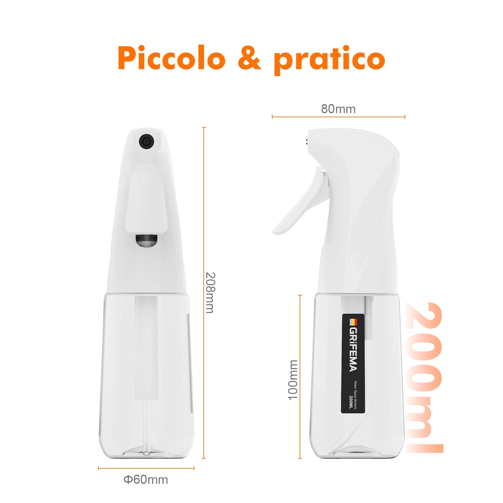 GRIFEMA Spruzzatore Bianco 200 ml – Flacone Spray Riutilizzabile a Nebbia Fine e Uniforme, Design Antigoccia per Capelli, Piante, Viso e Pulizia Domestica, GE2003W-200