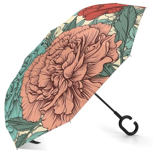 Parapluie à l'envers compact Carnations pour trajets en voiture et sac à dos sans humidité