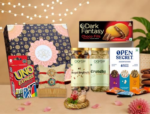 Image of Goshudh Premium Rakhi Gift Hamper for Brother & Sister | 7pcs | Crunchy Seed Mix, Royal Dryfruits Mix, Open Secret Assorted Cookies, Dark Fantasy, UNO Cards, Set of 2 Rakhi with Roli Chawal | Luxury Blue Lotus Gift Box | Raksha Bandhan Gift