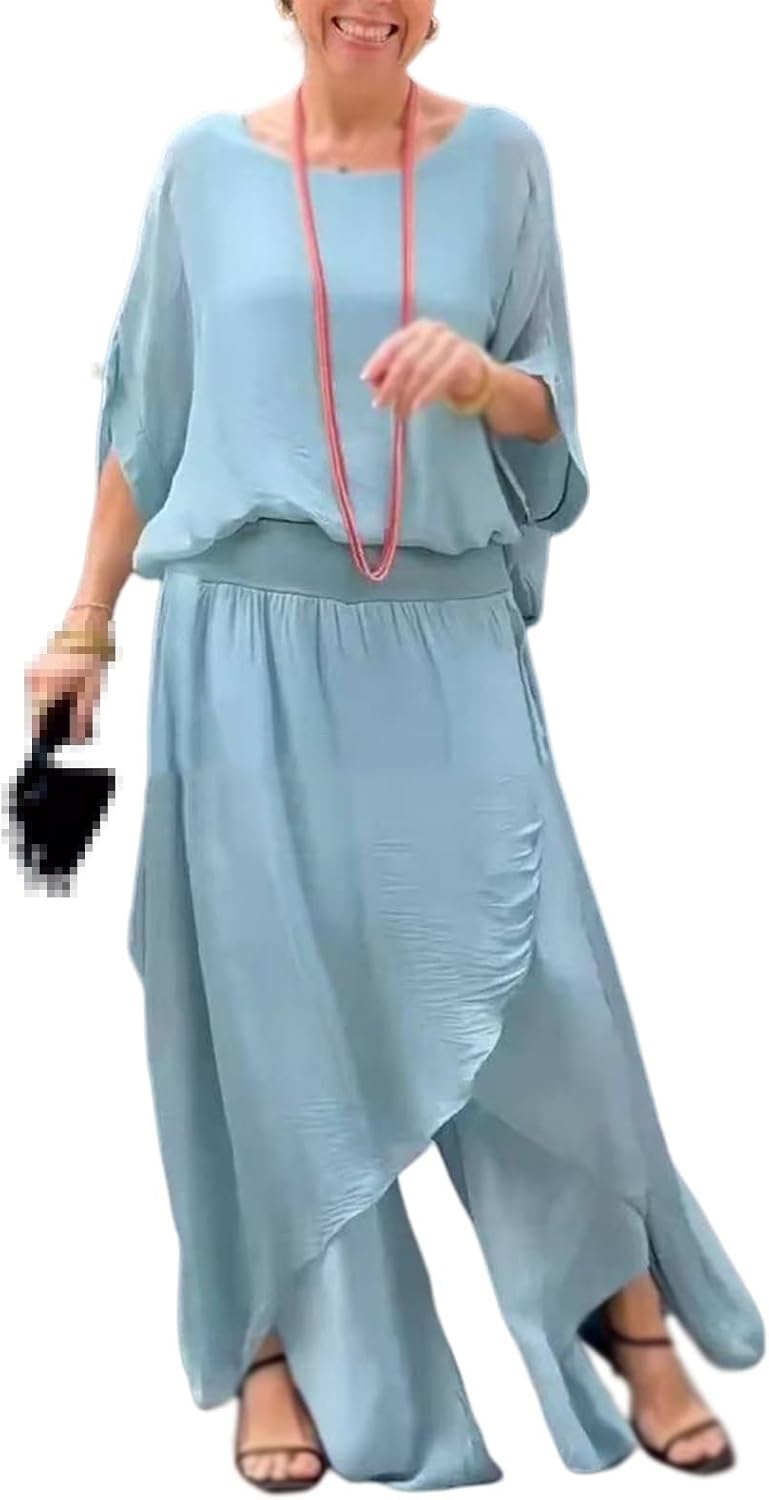 Women's Round Neck Slit Flowing Comfortable Casual Suit, Womens 2 Piece Outfits Wide Leg Pants Set