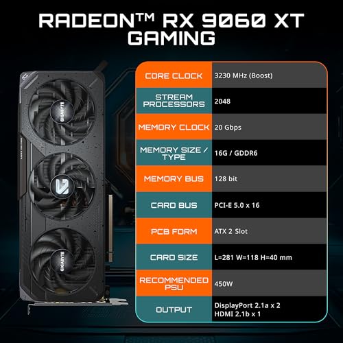 Image of GIGABYTE Radeon RX 9060 XT Gaming 16G Graphics Card, PCIe 5.0, 16GB GDDR6, GV-R9060XTGAMING-16GD Video Card