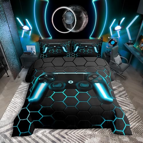 Gamer Bettwäsche Sets für Jungen,Gaming Bettbezug Set 135x200,Kinder Videospiele Gamepad Controller Geometrisches Waben Bett Set für Teen Jungen Schlafzimmer,2 Stücke mit 1 Kissenbezug Mikrofaser