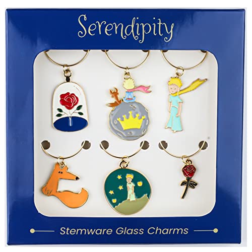 The Little Prince Wine Glass Charms, Handmade Gold Steel Hoops with Enamel Drink Charms, Set of 6 in Gift Box