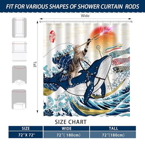 Image of Funny Cat Riding Whale Shower Curtain Set, Japanese Anime Sunset Ocean Waves Home Bathroom Decor, Polyester Cloth Fabric Bath Curtain with 12 Hooks 72 inch W x 72 inch L