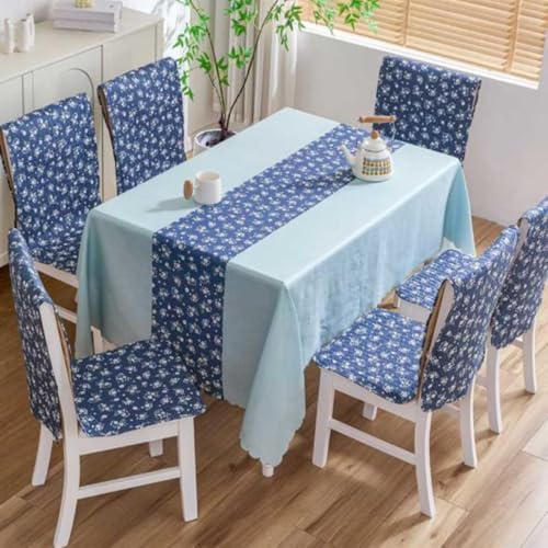 Image of HOMETHREADS Floral Cotton Chair Cover Set | Soft & Comfortable Seat Covers with Anti-Skid Non-Slip Backing + Waterproof Dining Table Cover (140x220cm) Navy White, 6 Chair Covers + 1 Table Cover