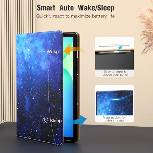 Image of MoKo Case for Samsug Galaxy Tab S10 Lite / S10 FE / S9 FE / S9 10.9 /11 Inch | Built-in S Pen Holder Case for Samsung Tablet (2025 /2023), PU Leather, Hand Strap & Front Pocket, Blue Starry Sky