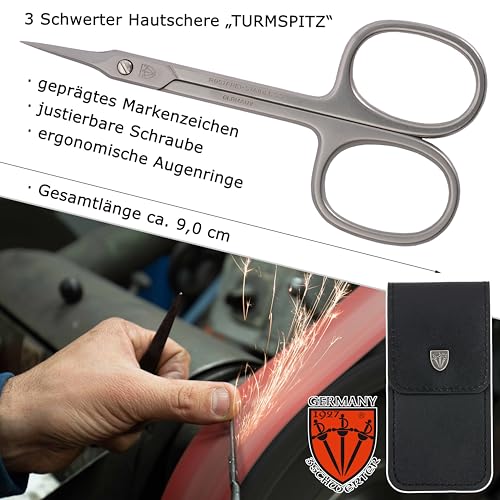 DREI SCHWERTER - Hautschere Turmspitze | Ideal für exakte Entfernung von Hautresten. Rostfreie Markenqualität MADE IN GERMANY | Inhalt: Schwarzes Nageletui aus Kunstleder mit Hautschere - Turmspitze