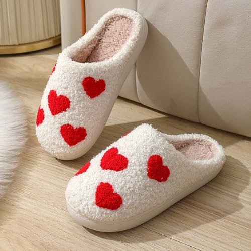 Cathalem Slippers for Women 2025,Women's Plush Heart Love Slippers - Retro Memory Foam Soft Plush Non Slip Fluffy Warm Indoor Outdoor Shoes3