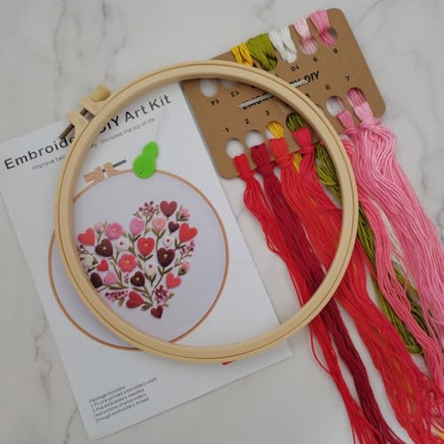Image of Esffaci Embroidery Starter Kit for Adult Beginner with Love Heart Flowers Pattern Hand Embroidery Set with Cloth Hoop Needle Threader Floss and Instruction