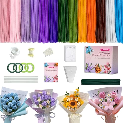 Lemosyu 850PCS Pipe Cleaner Flower Kit 13 Colors Thick Chenille Stems (8mm) with Manual & Video Tutorial for DIY Bouquets Party Decor & Heartwarming Gifts