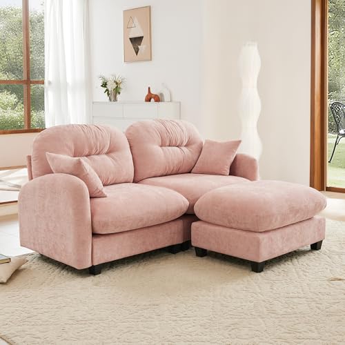 Image of KEIKI 74 inch L-Shaped Oversized Chenille Modular Sectional Loveseat Sofa with 1 Ottoman, High-Density Foam Cushions, Tufted Pleated Cushion Backrest, 2-Seater Couch with 2 Pillow, for Living Room, Pink